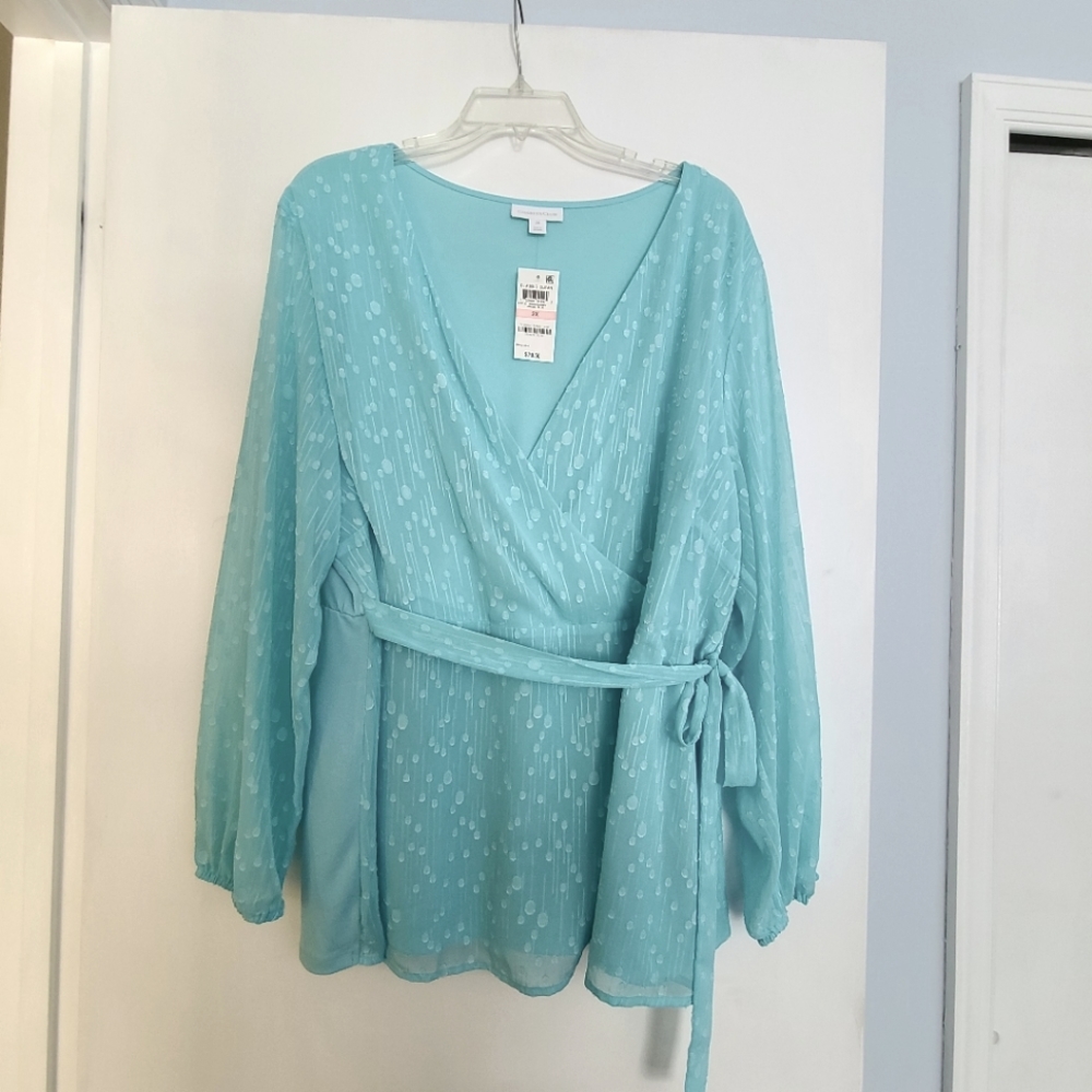 Charter Club Faux Wrap top, Light Blue, 2X